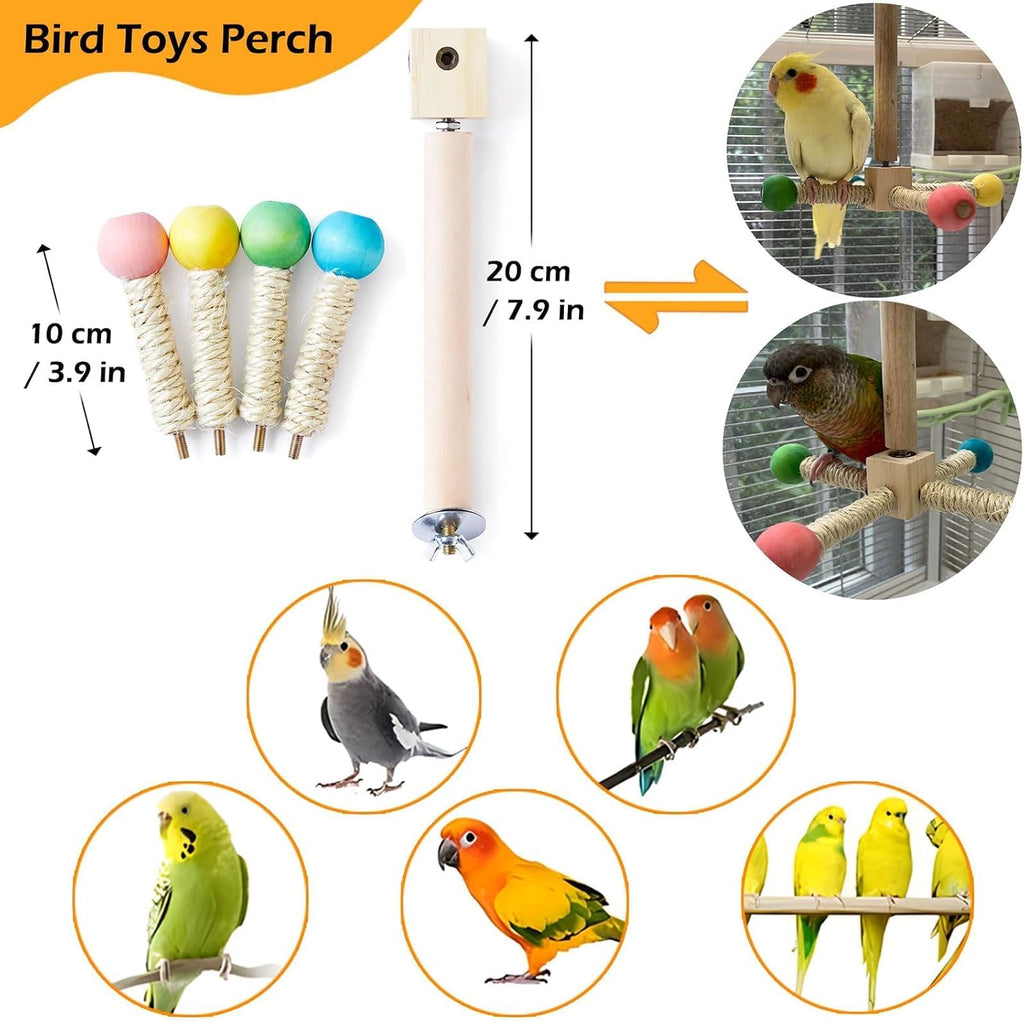 Cockatiel bird playing on a wooden interactive spinning perch toy.