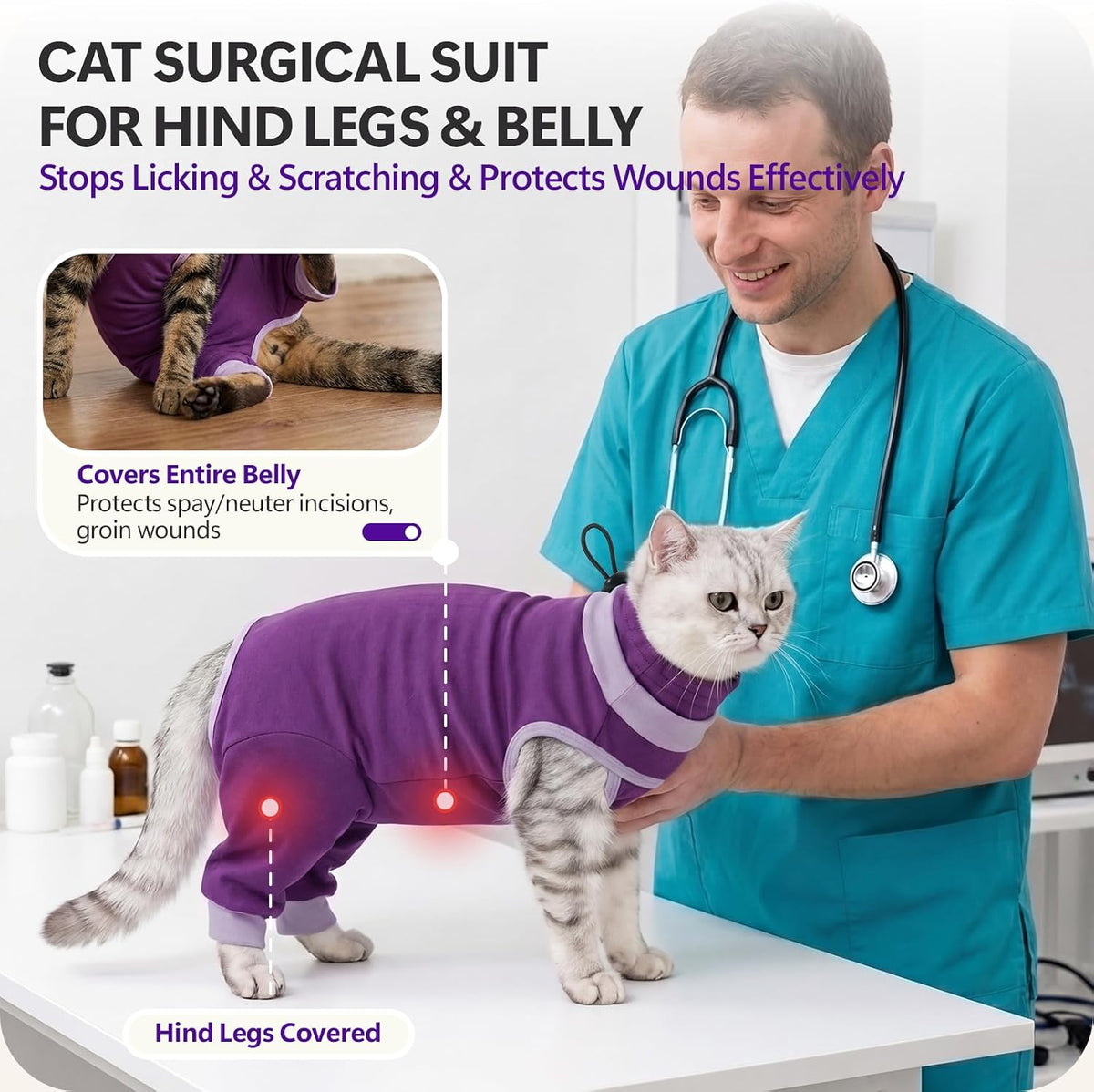 Female cat wearing purple post-surgery recovery onesie