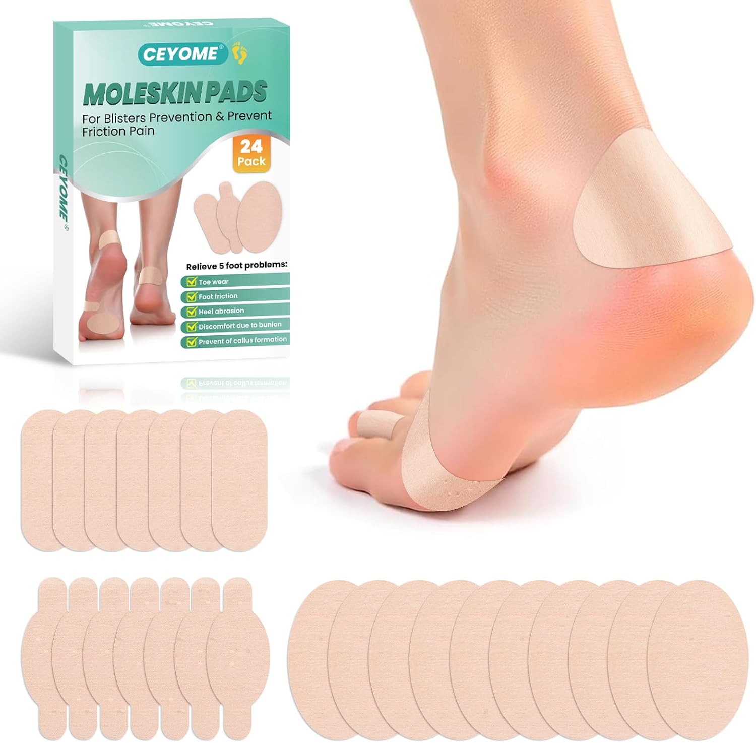 CEYOME Moleskin for Feet front view variety pack of adhesive blister prevention pads.