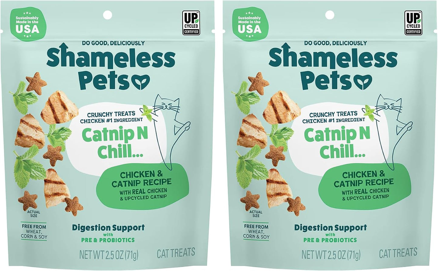 Authentic Shameless Pets digestive health cat snacks on plain background