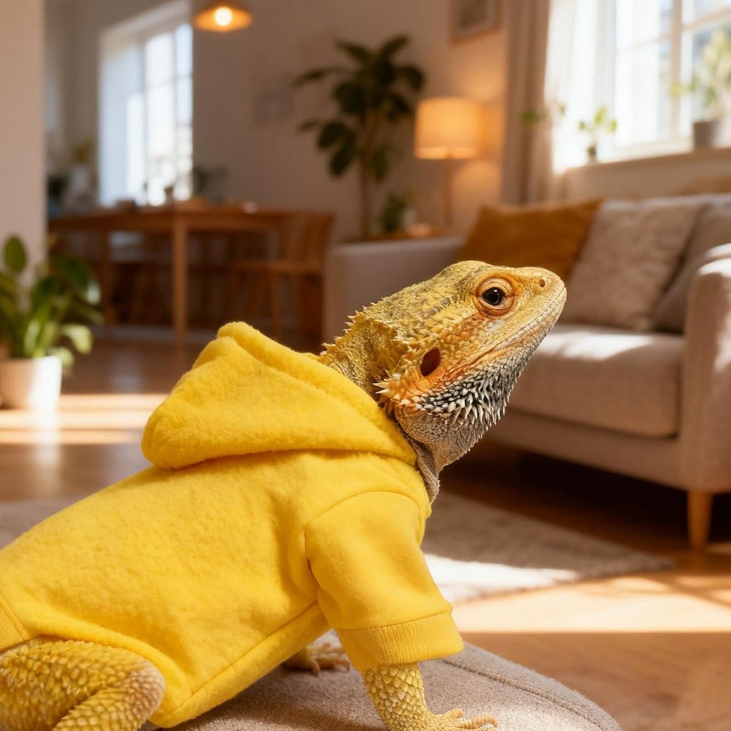 Hokable yellow small animal hoodie on a bearded dragon