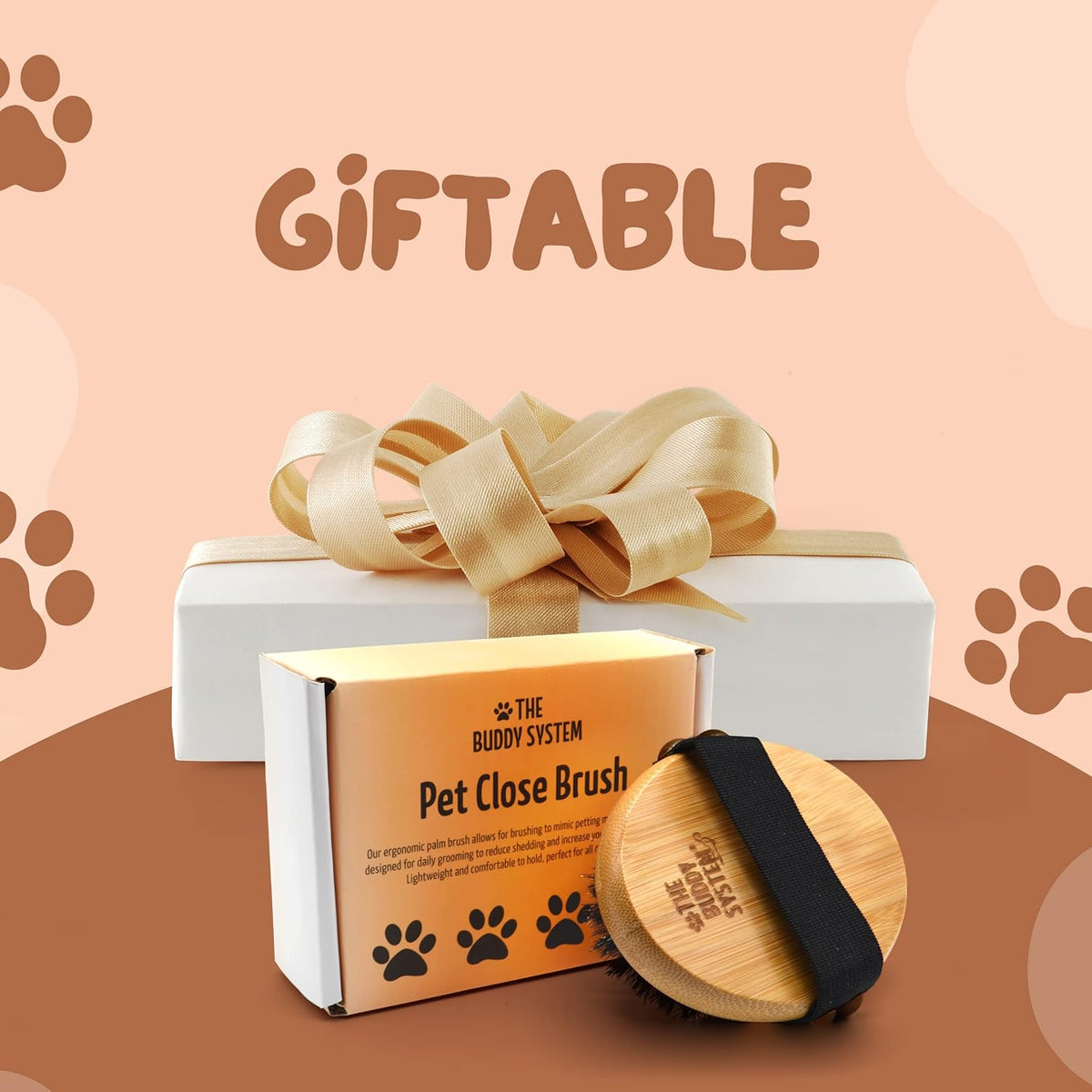 The Buddy System product packaging displaying official branding for the imported premium pet close brush.