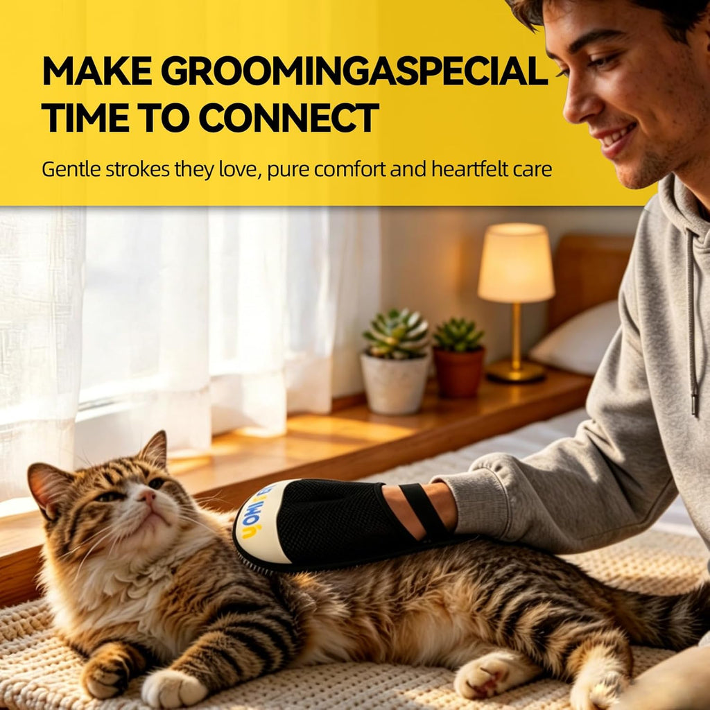 Hand wearing Florteen pet hair glove grooming a dog coat