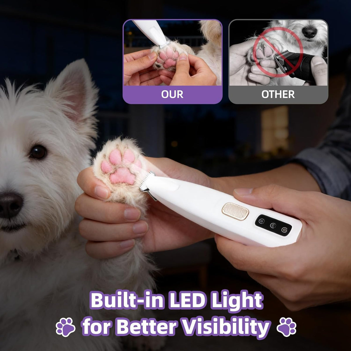 Pet grooming kit components including maintenance oil, cleaning brush, and spare replacement head.