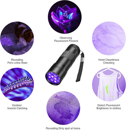 Handheld ultraviolet blacklight spotting bed bugs and scorpions during a home inspection.