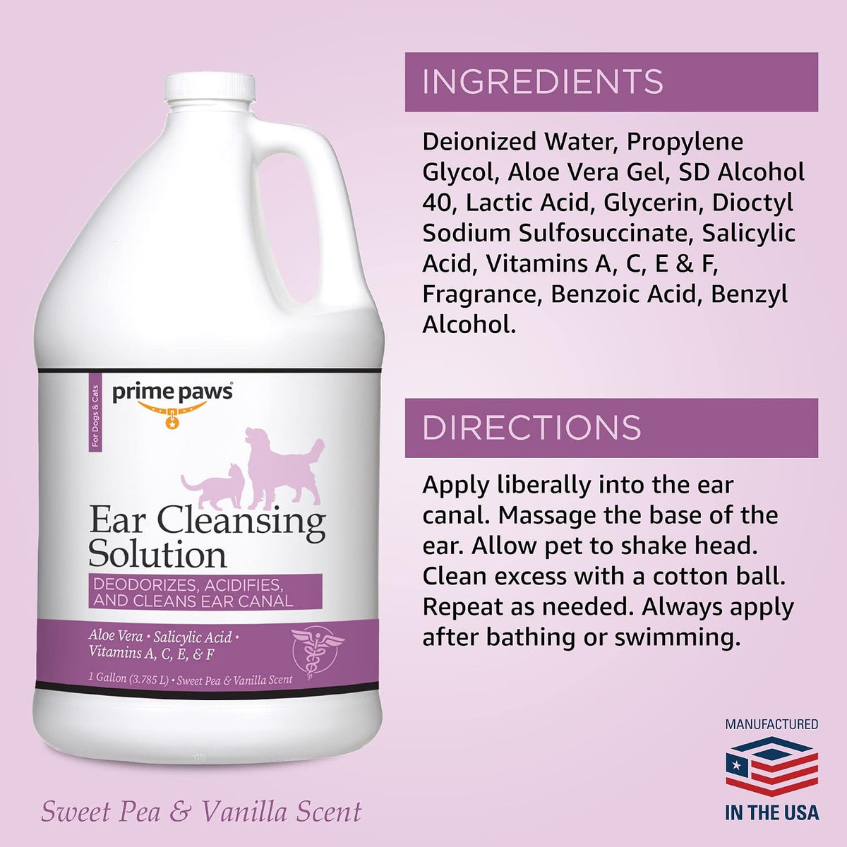 Prime Paws 1 gallon ear cleaner bottle with ingredients list
