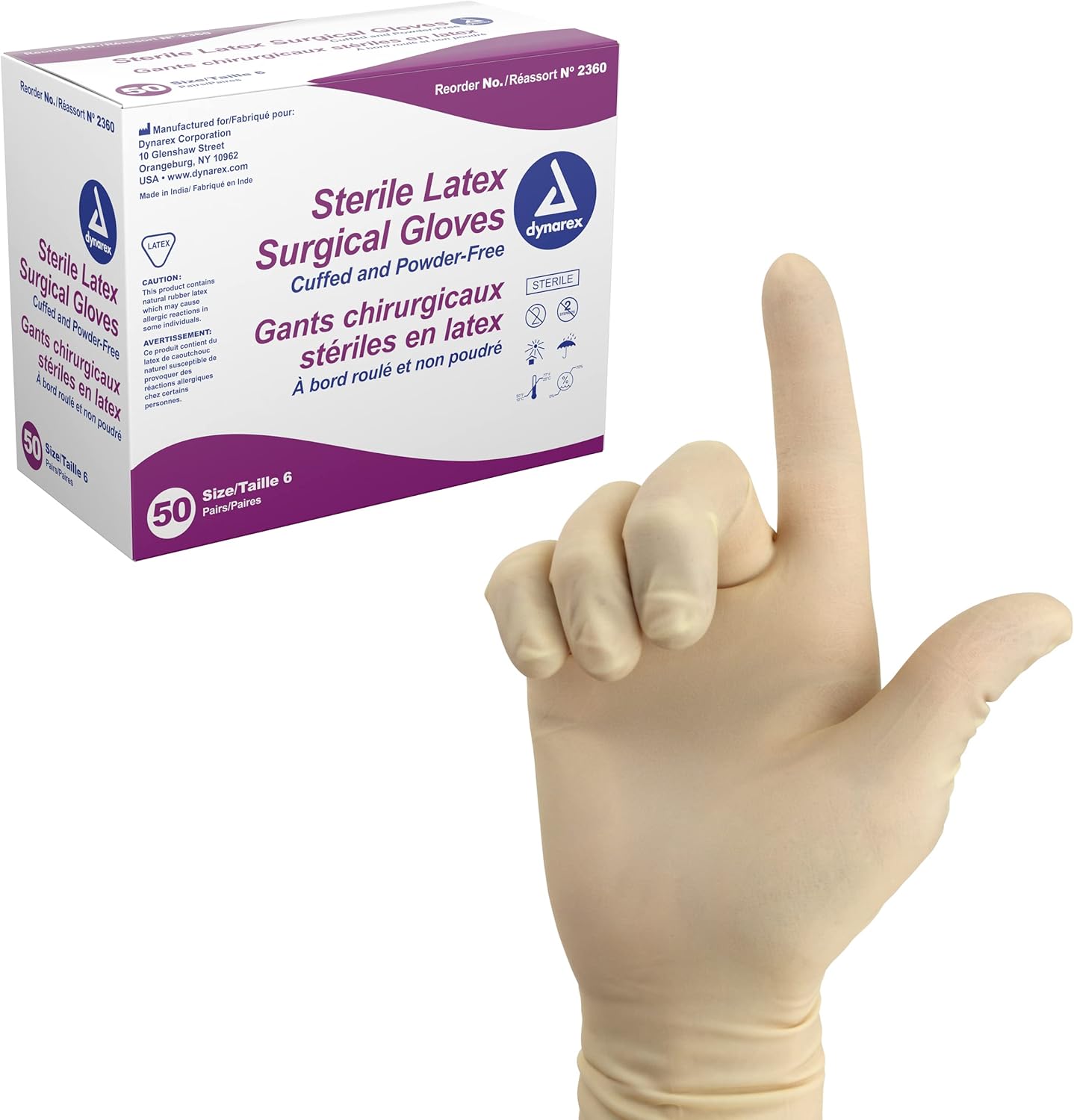 Dynarex Sterile Disposable Latex Surgical Gloves front view of 50 pair box