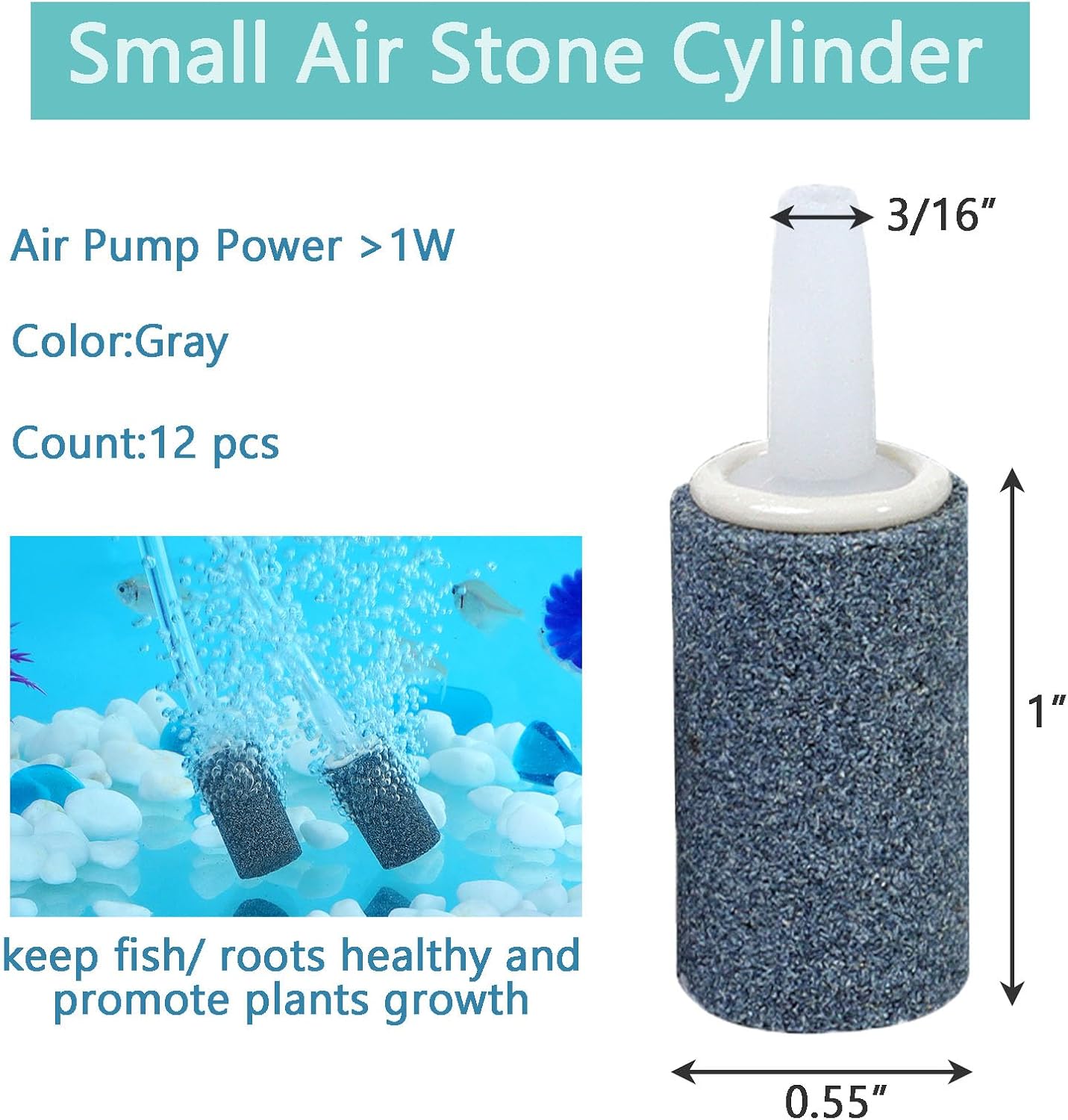 Aquaneat cylindrical grey air stones connected to standard 3/16 inch airline tubing