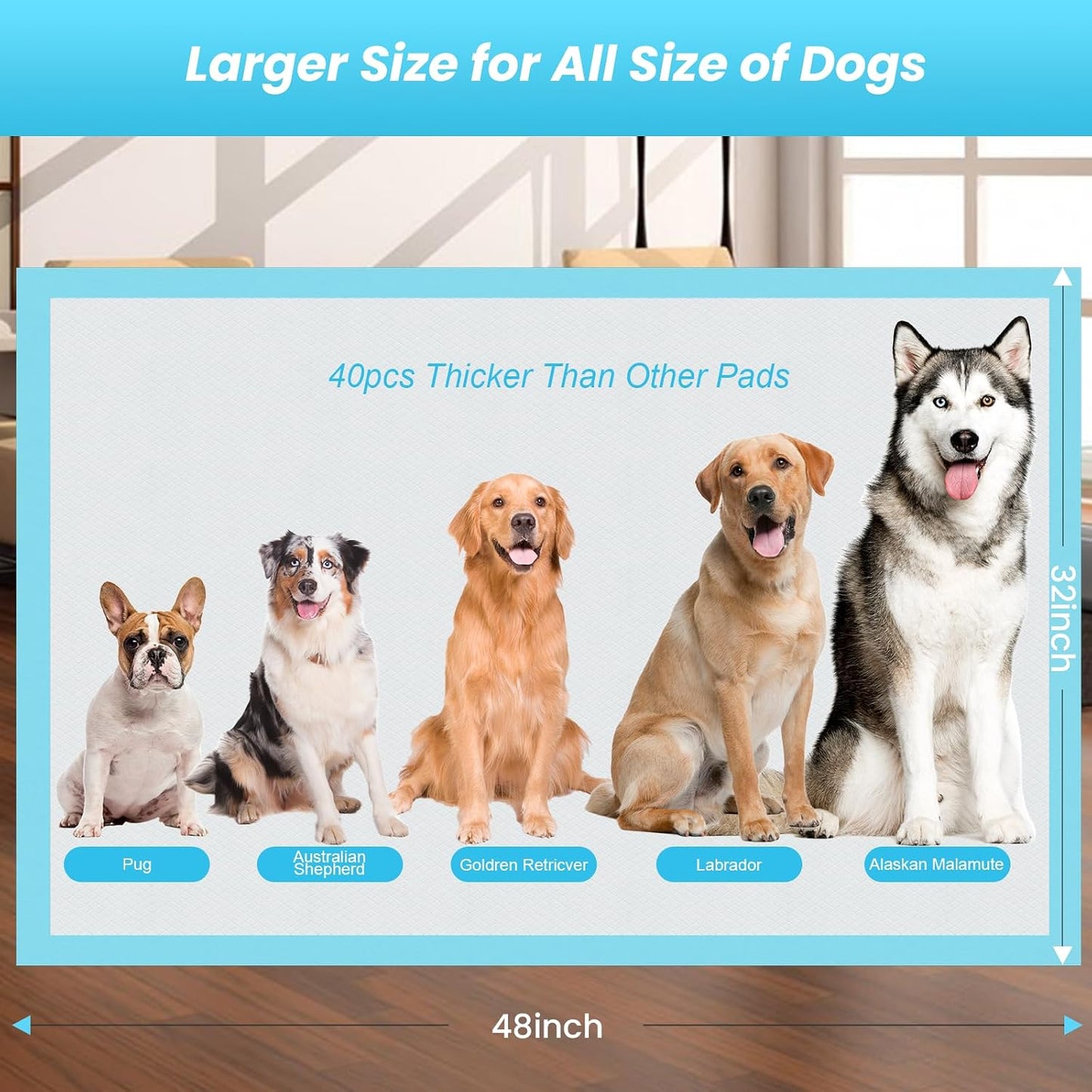Premium USA imported dog training pads on hardwood floor