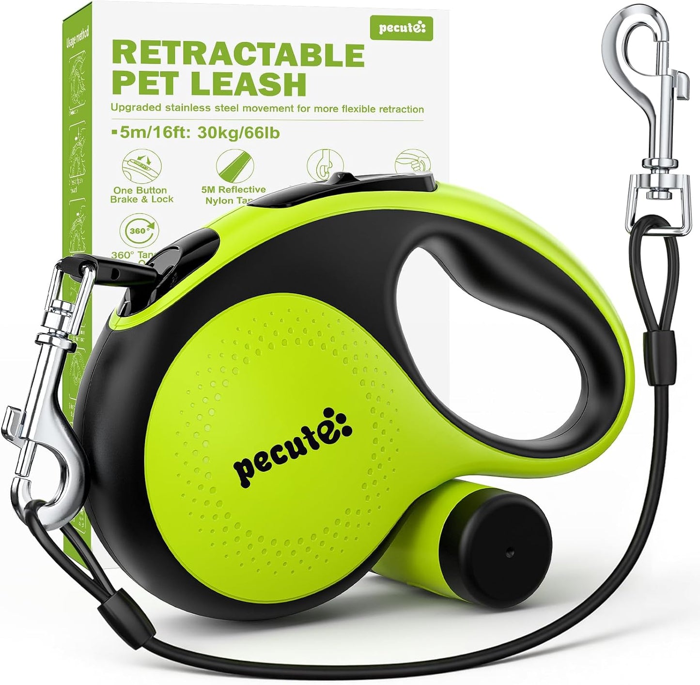 Pecute retractable dog leash with chew-proof cable front view