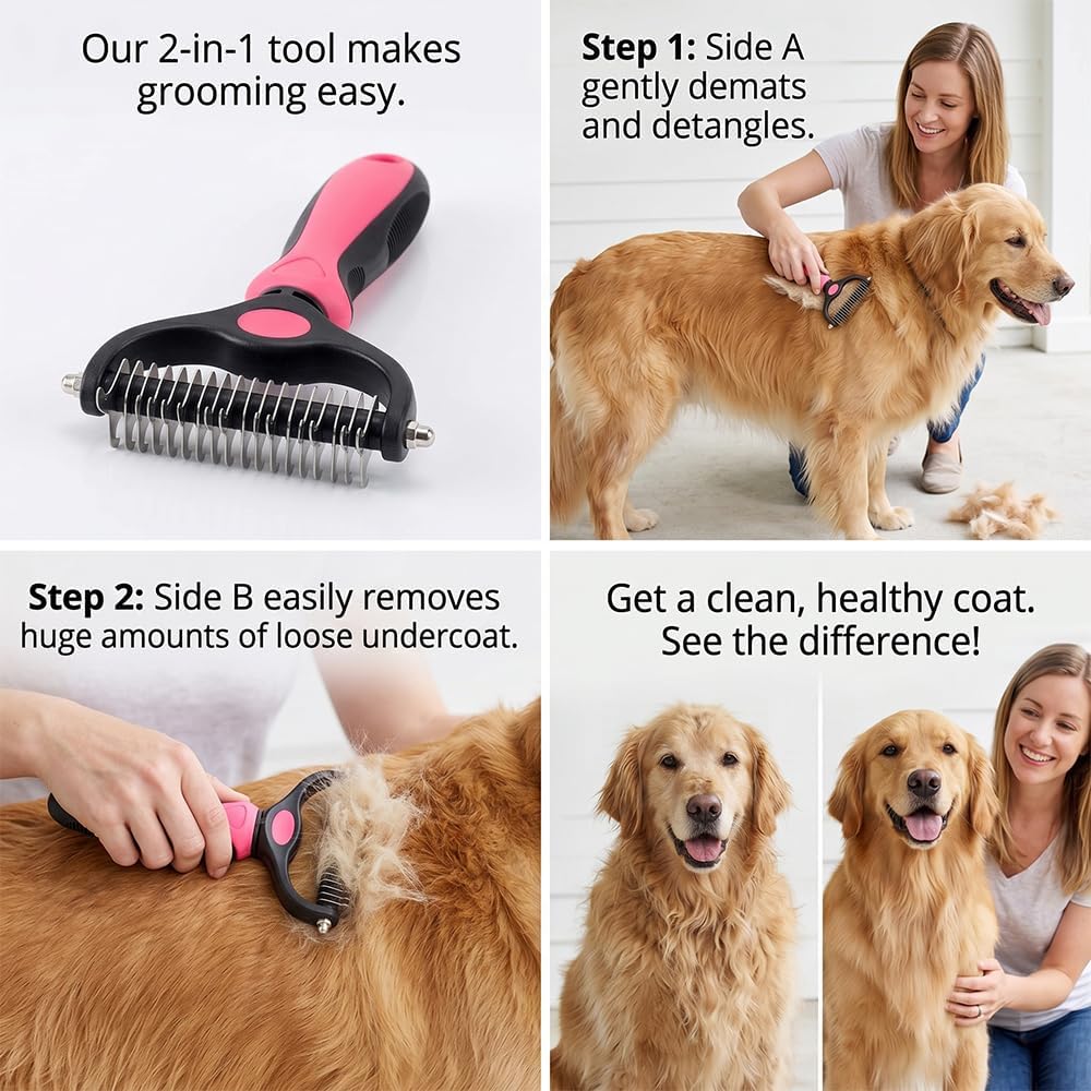 Rovia pet grooming rake showing the 17 teeth undercoat deshedding side