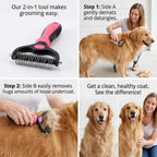 Rovia pet grooming rake showing the 17 teeth undercoat deshedding side