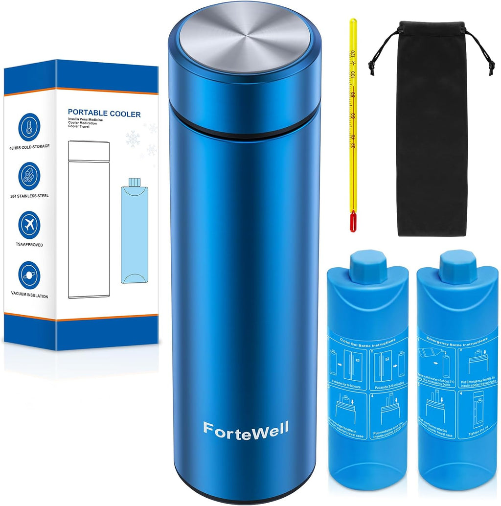 Fortewell insulin cooler travel case front view blue portable medication pouch