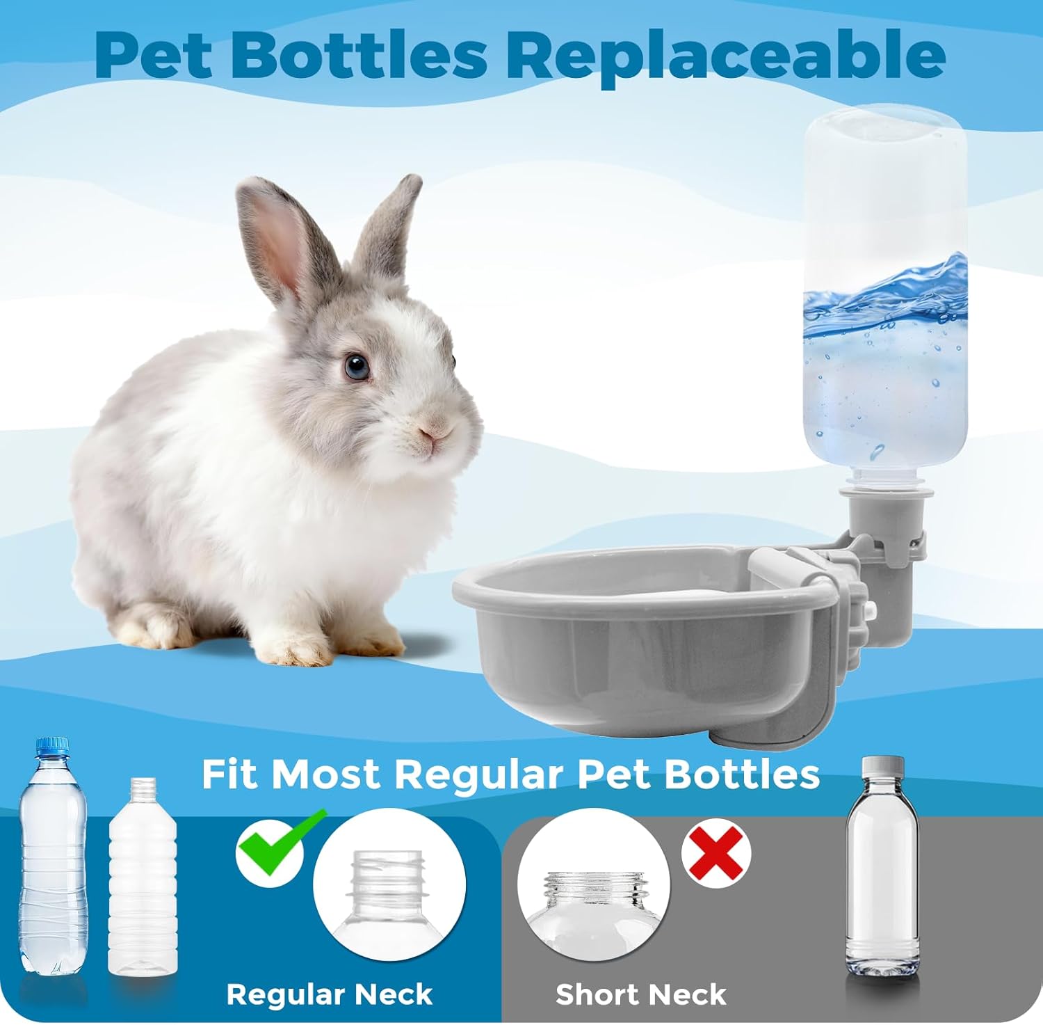 VANNON 16oz Pet Water Bottle, Gravity Dog Water Bowl Dispenser for Cage, Anti-Overflow Water Dispenser for Small Dogs, Cats, Rabbits and Other Small Animals, BPA Free, Grey - Image 2