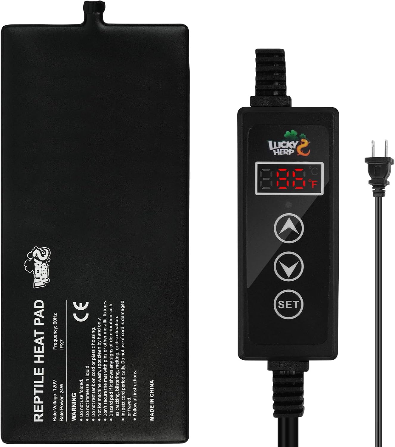 LUCKY HERP digital thermostat heat mat showing the complete power cord assembly