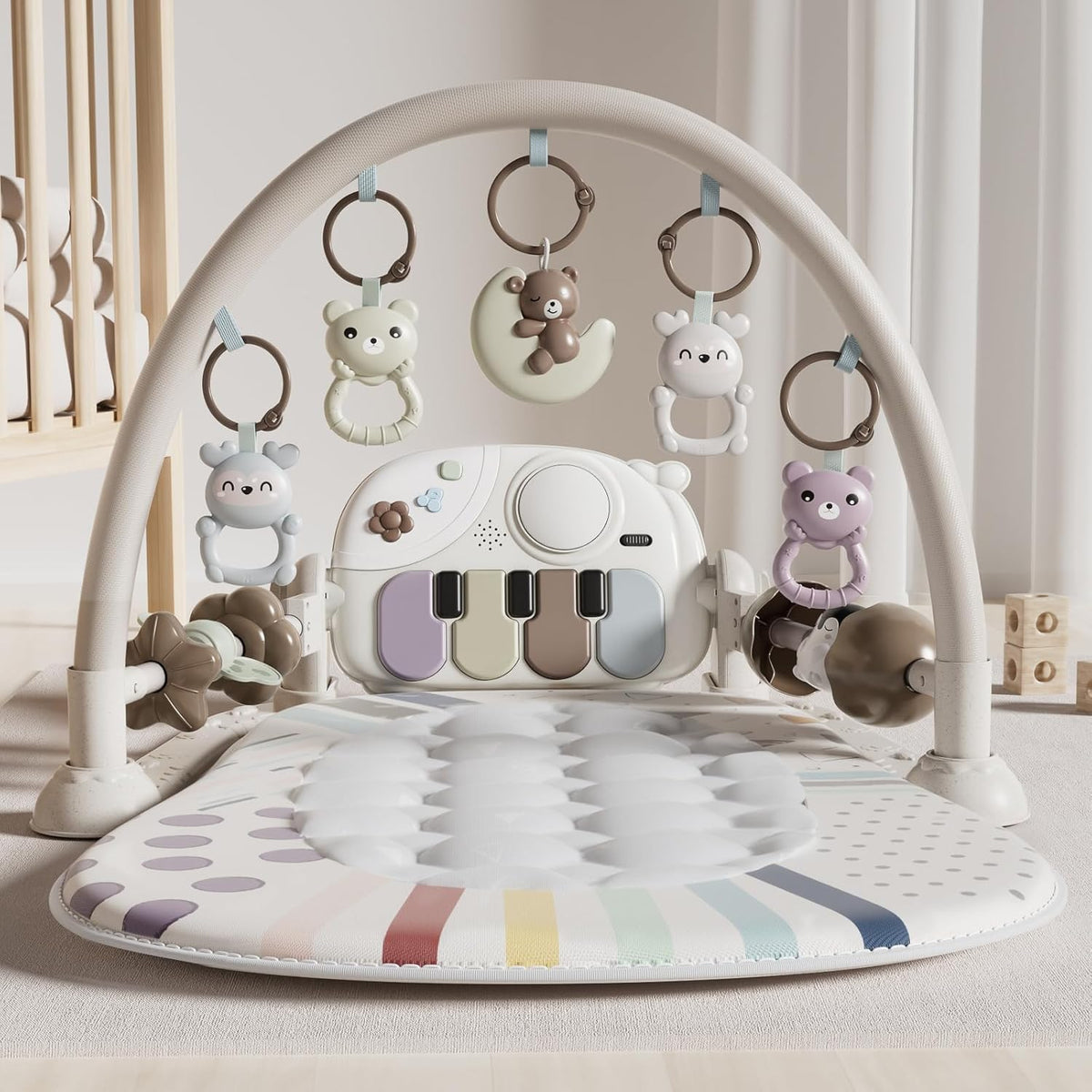 Jovow Stactcute baby play mat front view with musical piano and hanging toys
