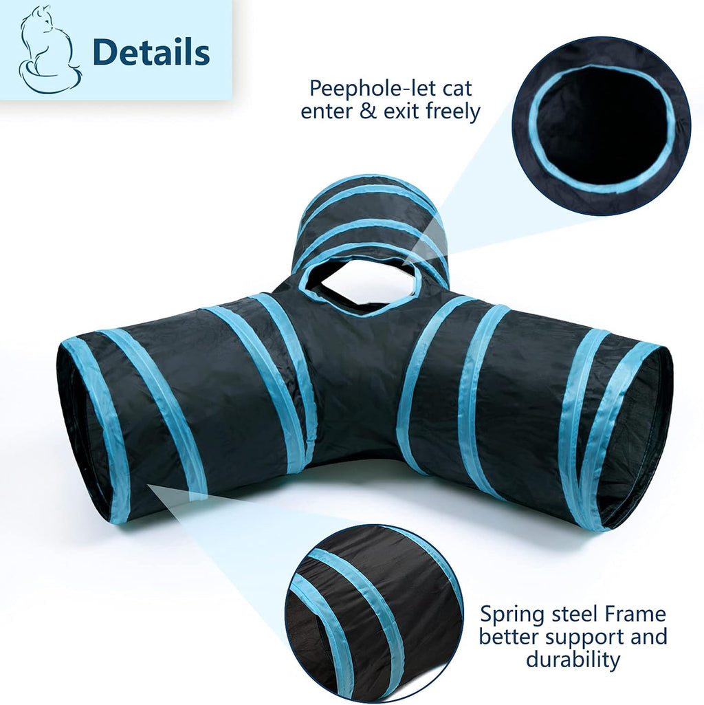 A small kitten peeking out from one of the entryways of the durable polyester interactive toy tube.