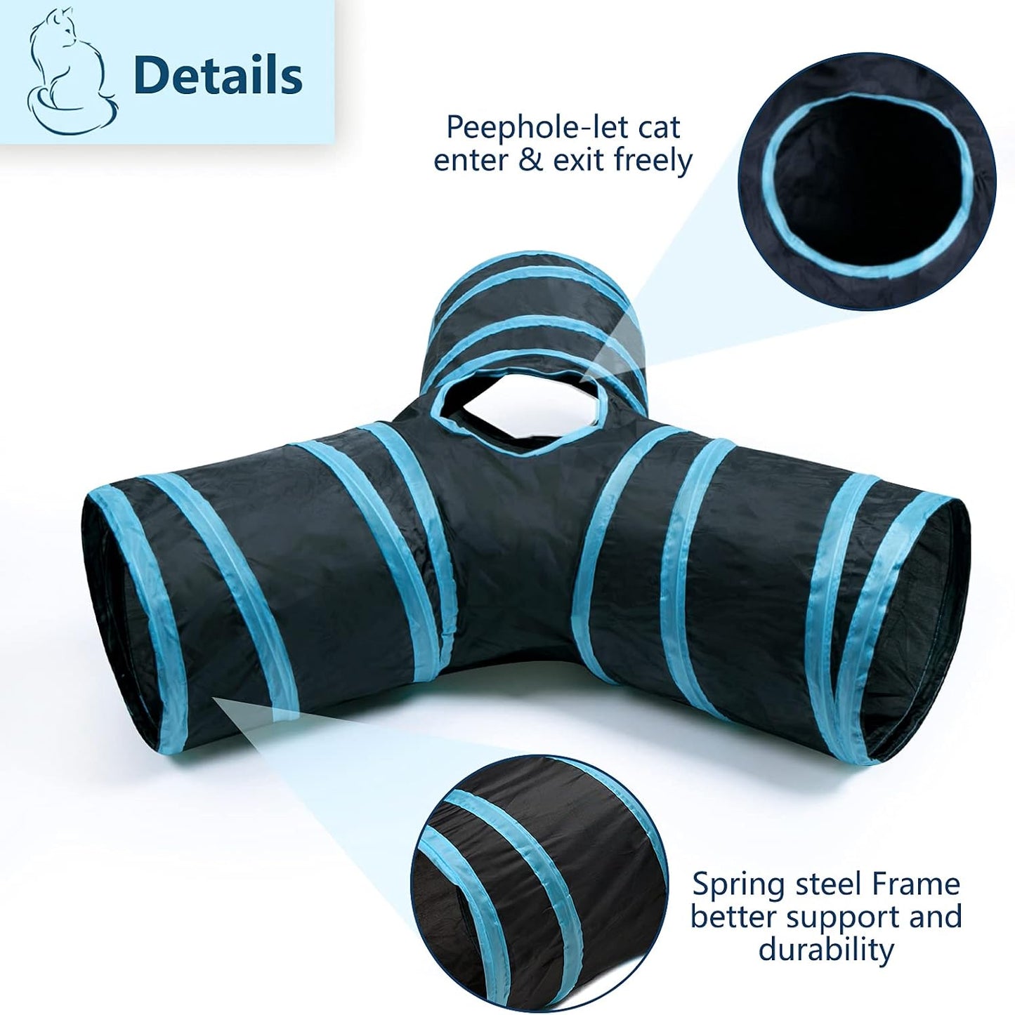 A small kitten peeking out from one of the entryways of the durable polyester interactive toy tube.