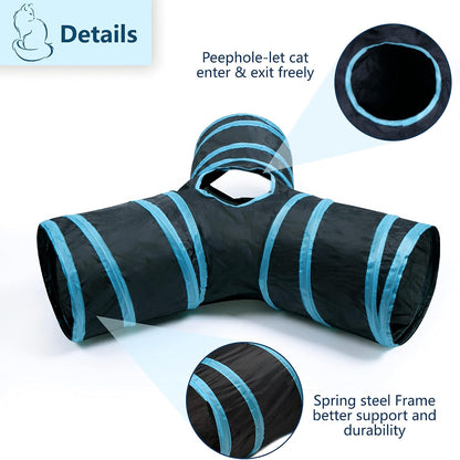 A small kitten peeking out from one of the entryways of the durable polyester interactive toy tube.