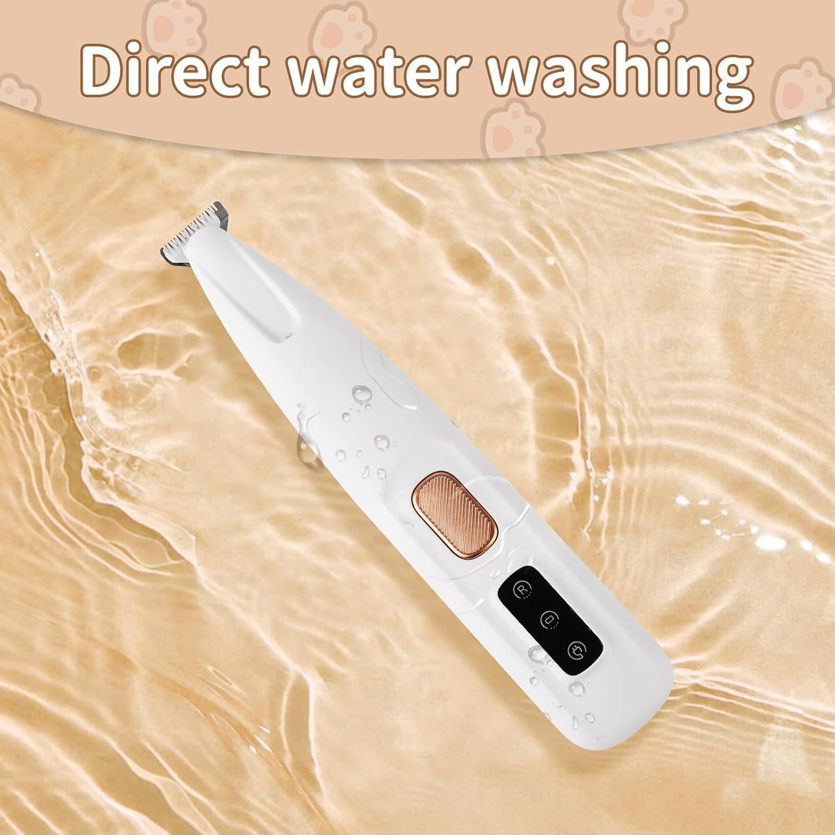Compact white pet hair trimmer being held comfortably showing the non-slip grip ideal for delicate detailing work.