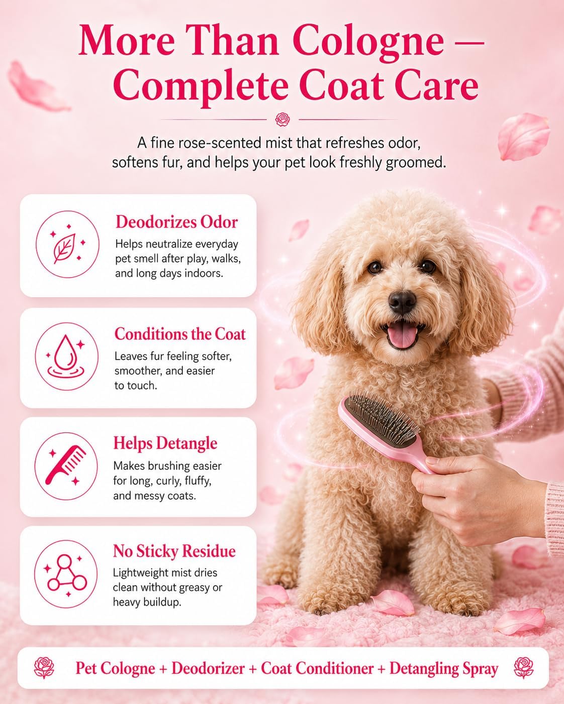Oivolii alcohol free cat and dog rose fragrance grooming mist close up view.