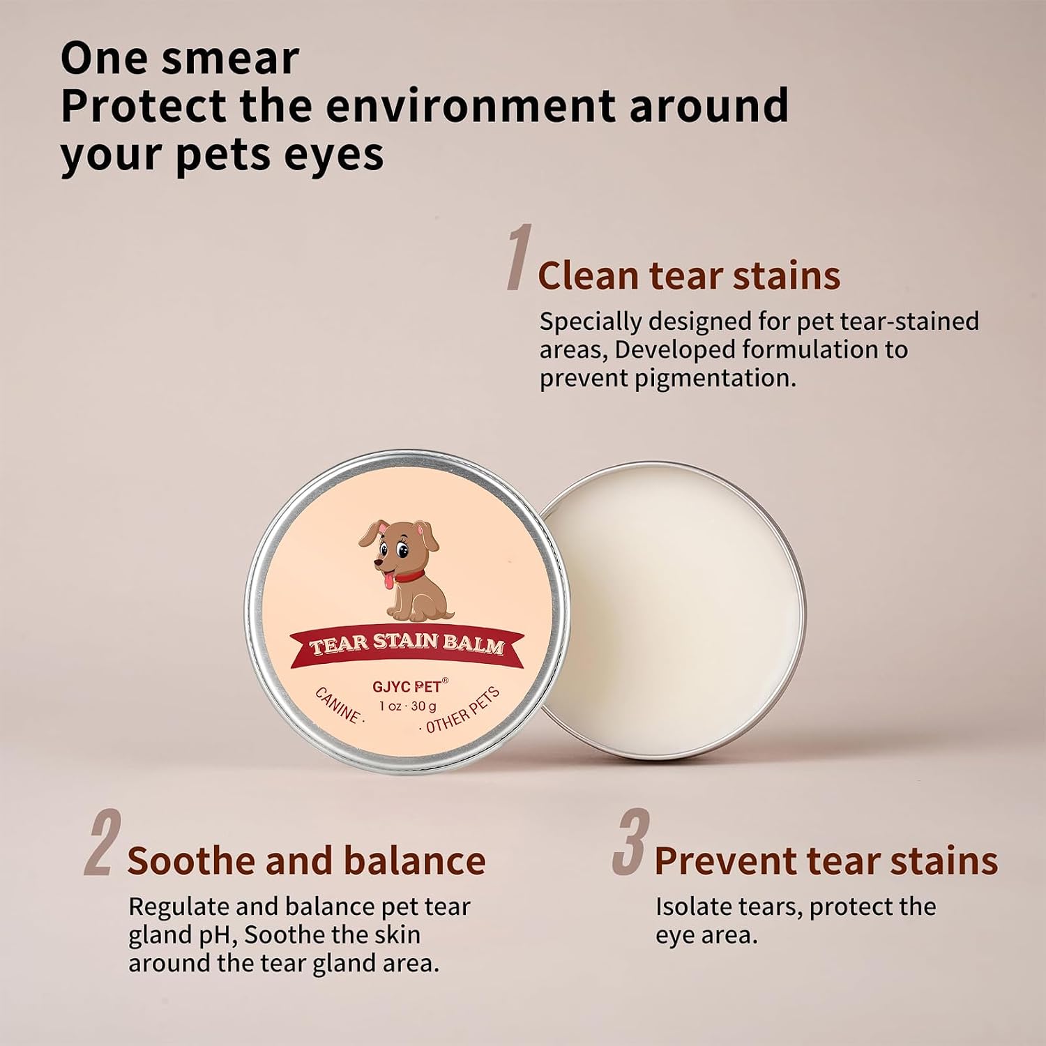 Gentle pet tear stain protection cream for light coats.
