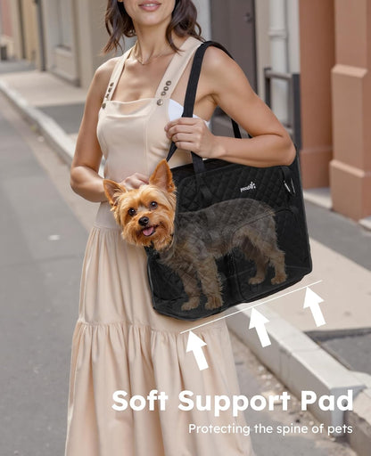Close up of Pecute branding on pet purse