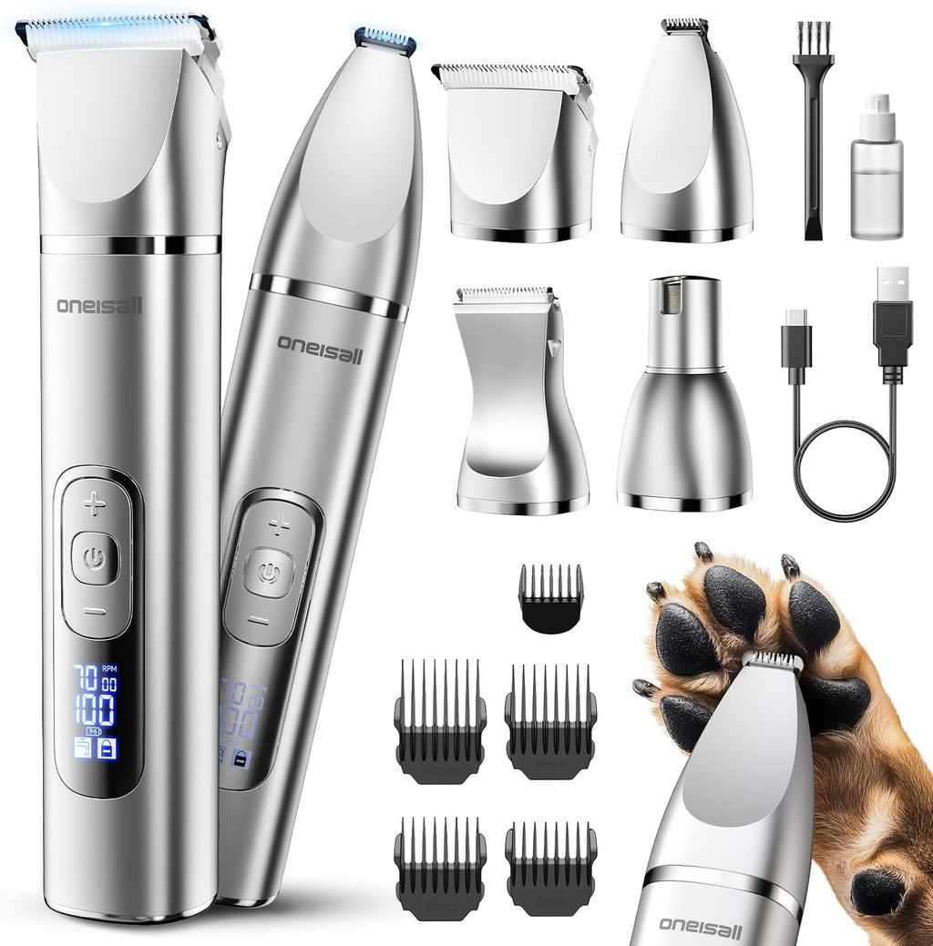 Oneisall 4 in 1 dog grooming kit front view showcasing the digital LCD display screen and attached standard clipper head