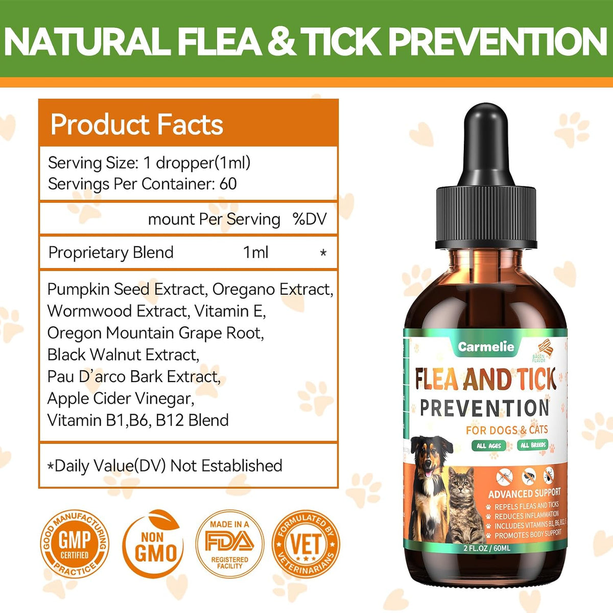 Carmelie bacon flavored flea treatment drops for all breeds and ages