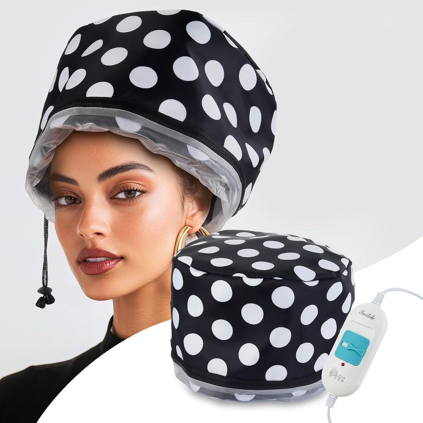 LIARTY electric hair steamer cap front view in black and white polka dot design