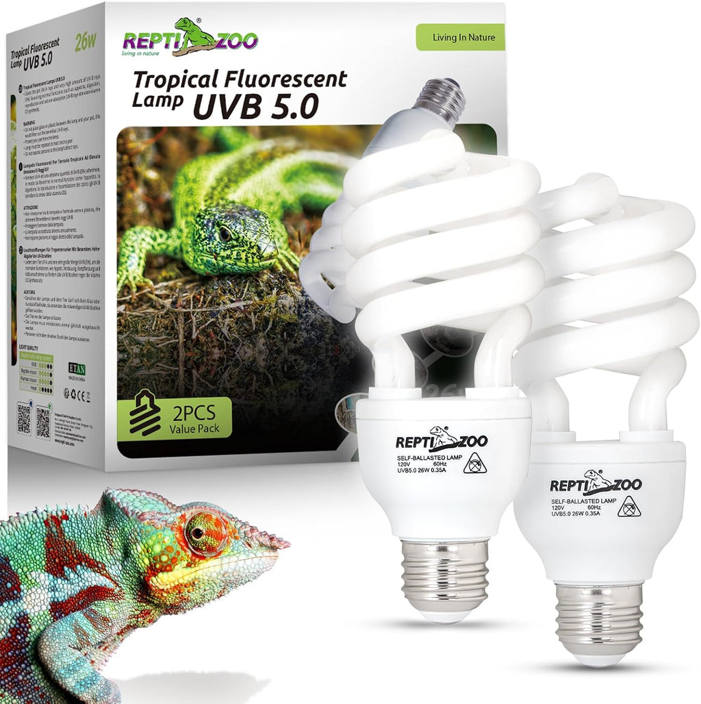 Authentic REPTI ZOO packaging detailing the five percent UVB output for geckos.