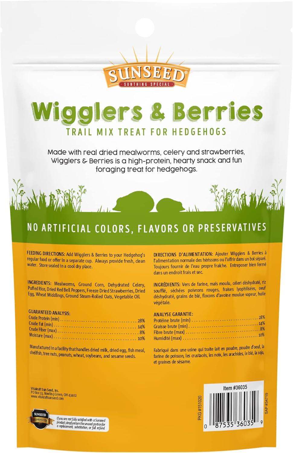 Sunseed high protein hedgehog trail mix packaging detailing full ingredient benefits