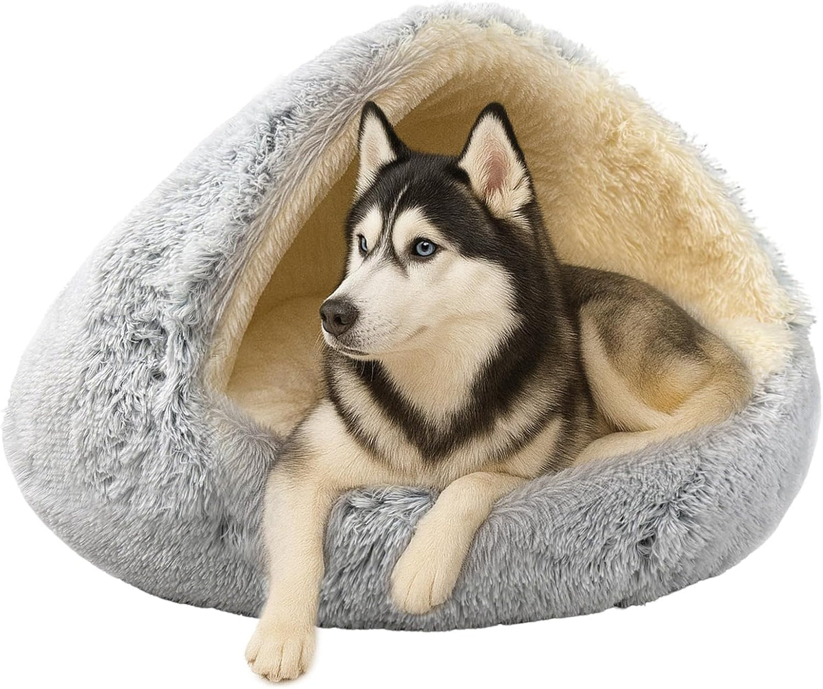 ShinHye Cat Bed Round Plush Fluffy Hooded Cat Bed Cave, Cozy for Indoor Cats or Small Dog beds, Soothing Pet Beds Doughnut Calm Anti-nxiety Dog Bed - Waterproof Bottom Washable (20x20inch, Grey) - Image 14