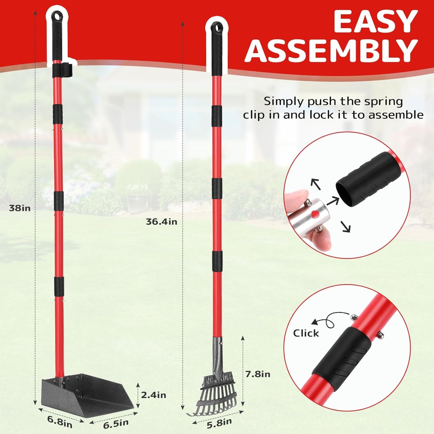 Heavy duty rustproof metal dog poop scoop close up view highlighting stainless steel tubes