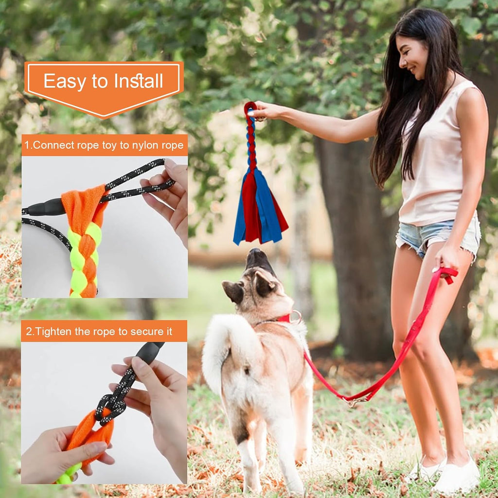 Dog training teaser stick fully extended demonstrating dimensions for outdoor agility play.
