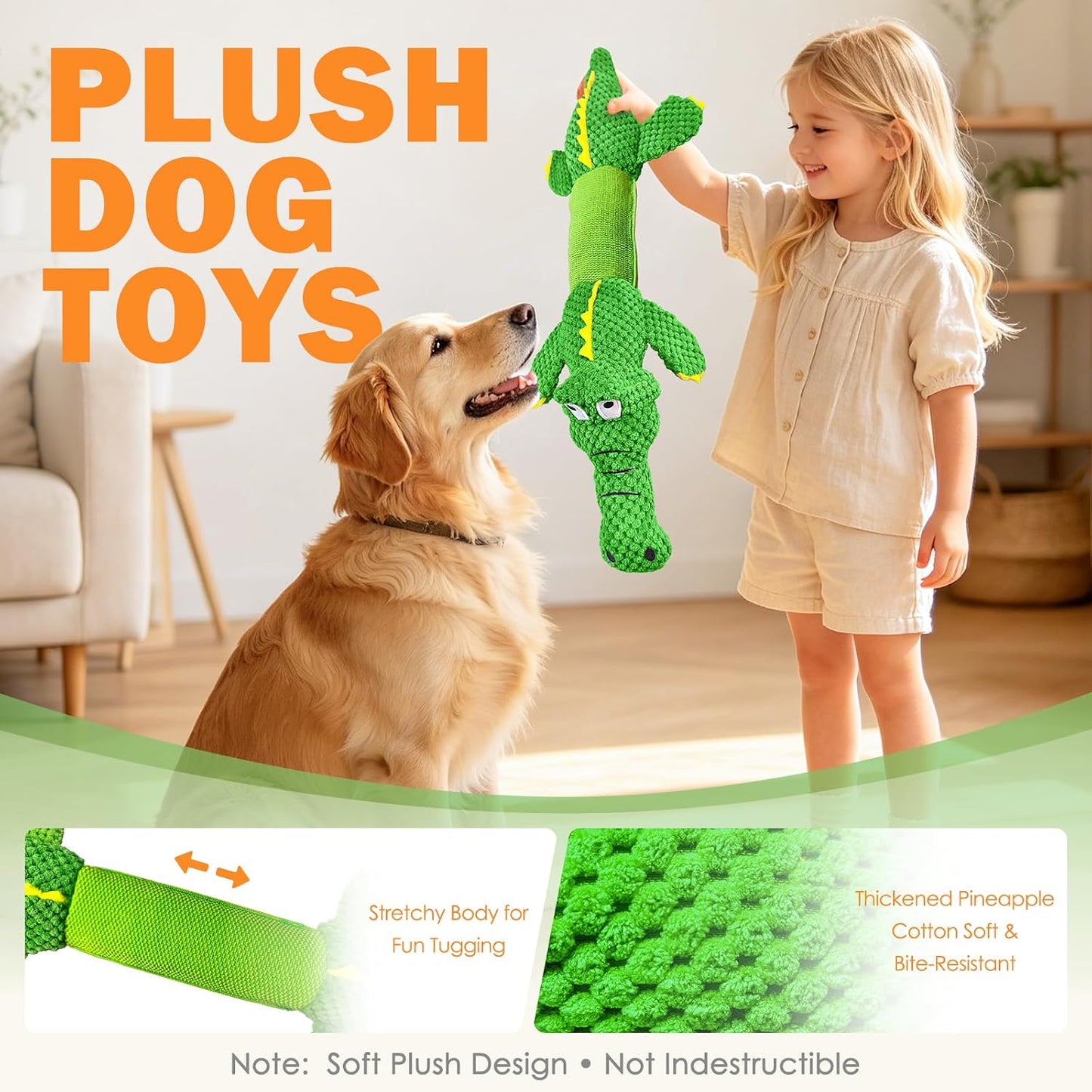 WOWBALA large dog squeaky toy demonstrating the stretchable middle section with internal crinkle paper.