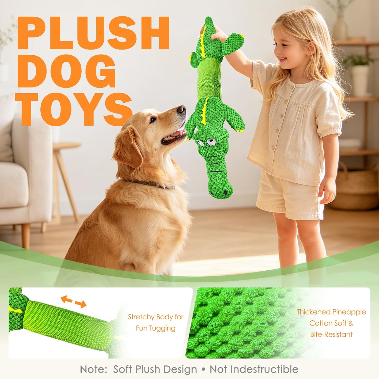 WOWBALA large dog squeaky toy demonstrating the stretchable middle section with internal crinkle paper.
