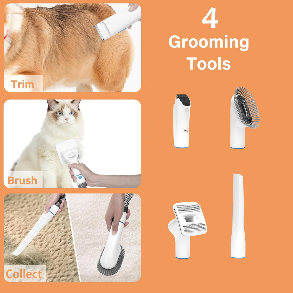 Petmolico dog vacuum grooming kit showing the four electric clipper combs and trimming attachments arranged neatly.