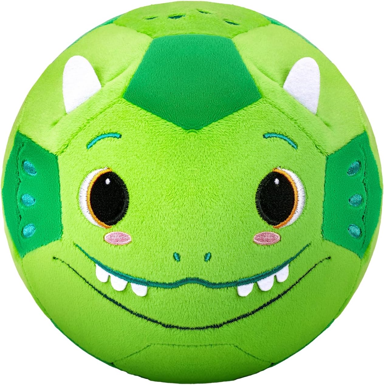 JoyCat silent indoor soccer ball front view showing green dinosaur plush design