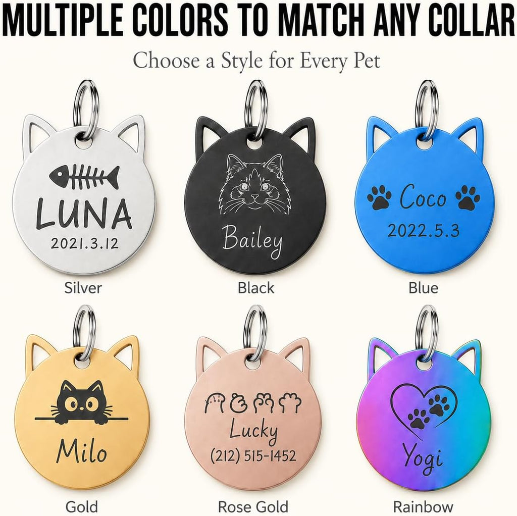 Engraved kitten face shape identity nameplate for secure pet safety and tracking.