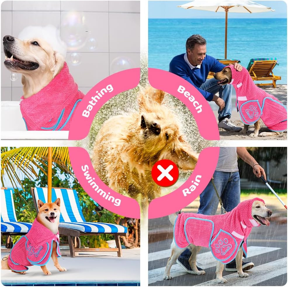 SlowTon Dog Bathrobe Drying Coat - Super Absorbent Microfiber Towel Wrap with Adjustable Collar & Belly Strap, Fast Drying Bath Robe for After Bath Swim, for Large, Medium, Small Dogs (Pink L) - Image 9