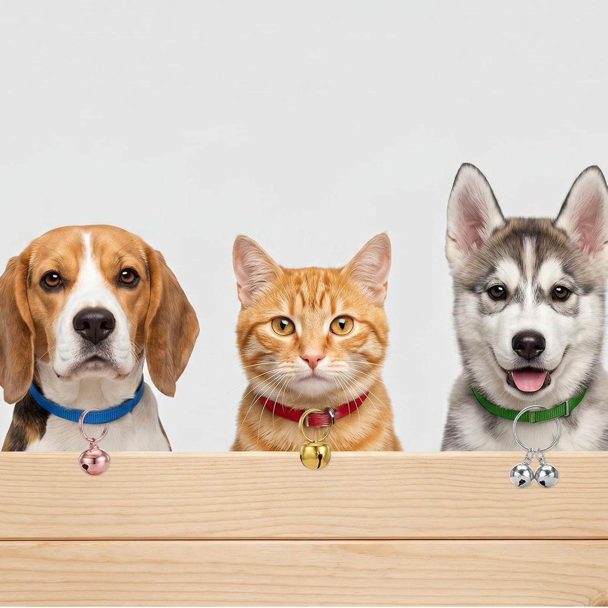 A selection of small multicolored dog bells for outdoor tracking and safety training setup.