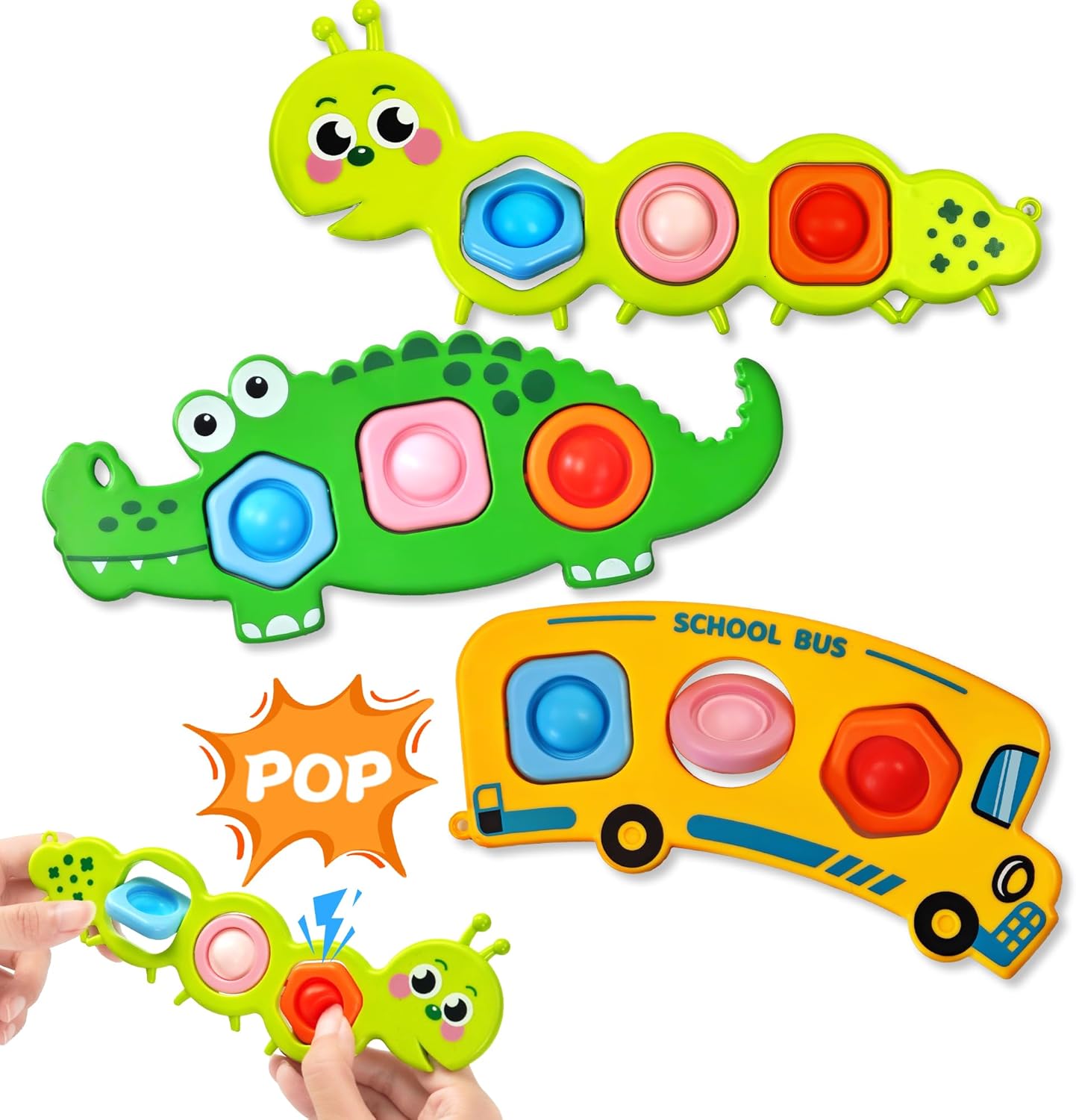 Chilvil 3 piece fidget popper sensory baby toys front view showing caterpillar crocodile and school bus designs