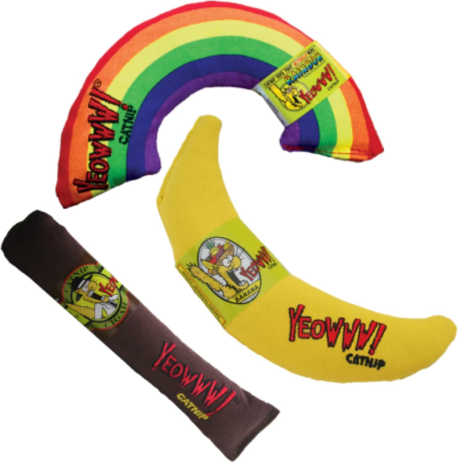 Close up of Yeowww! banana catnip toy showing durable cotton fabric