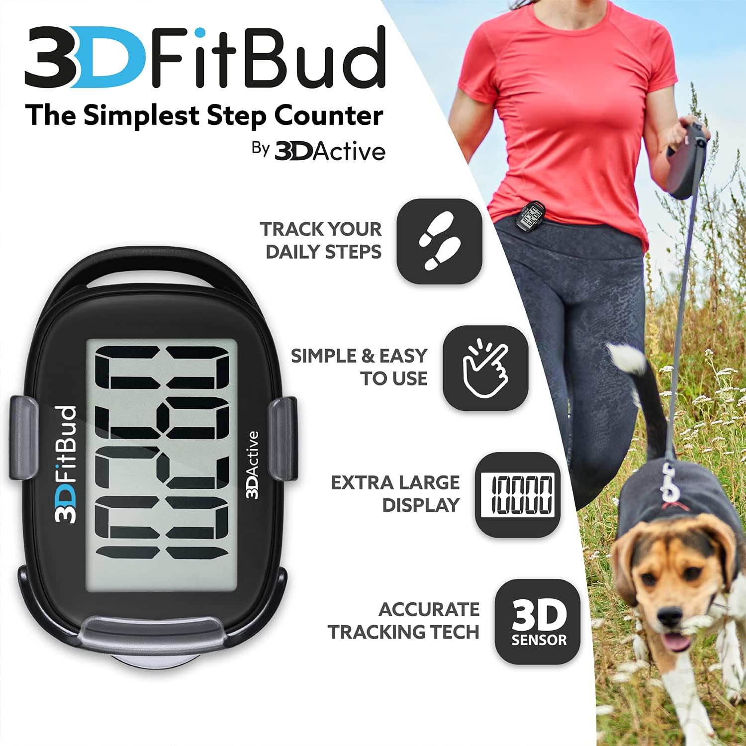 Black 3DActive 3DFitBud pedometer with attached removable hip clip for daily activity tracking.