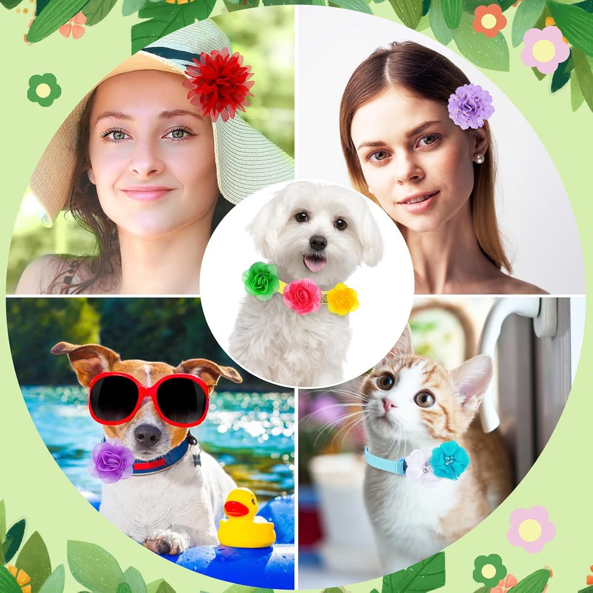 Sadnyy birthday wedding summer party pet collar decorations in vibrant red pink and blue shades.