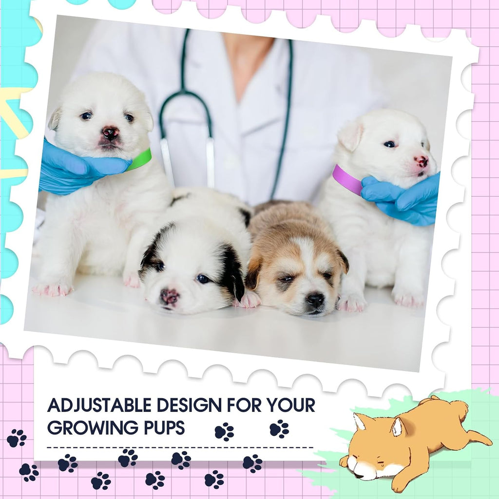 Nezyo puppy ID bands showing the exact 18.5 inch length and width dimensions suitable for small dogs and cats.