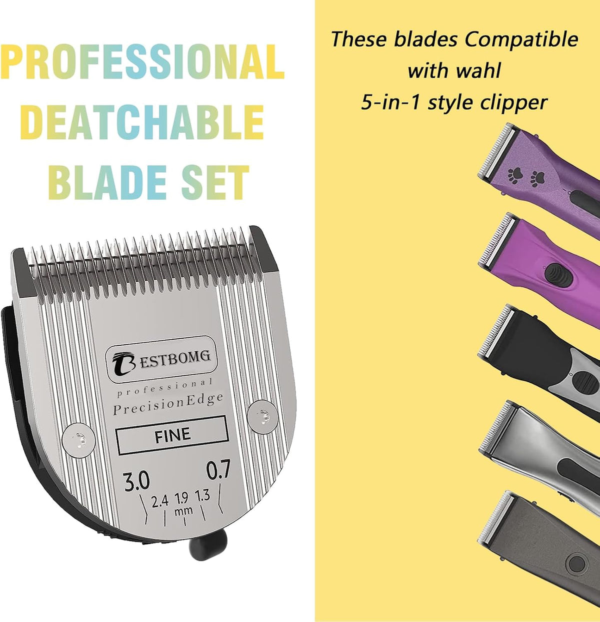 Three piece replacement pet clipper blade set displayed from a side angle.