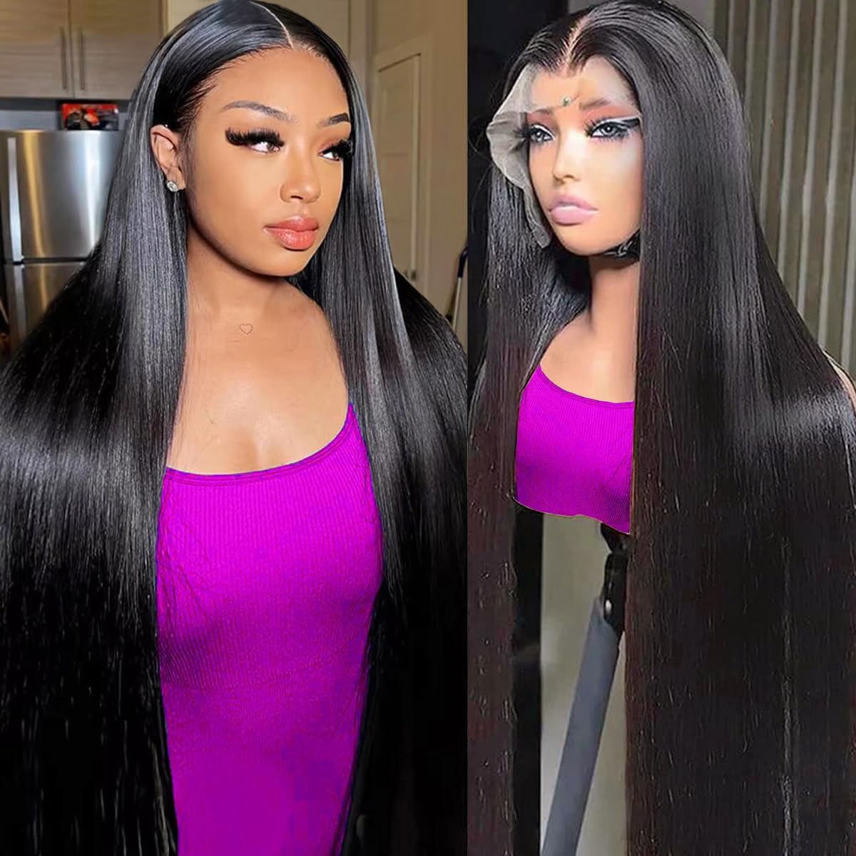 AUOU straight human hair lace front wig front view on mannequin showcasing sleek thirty inch length