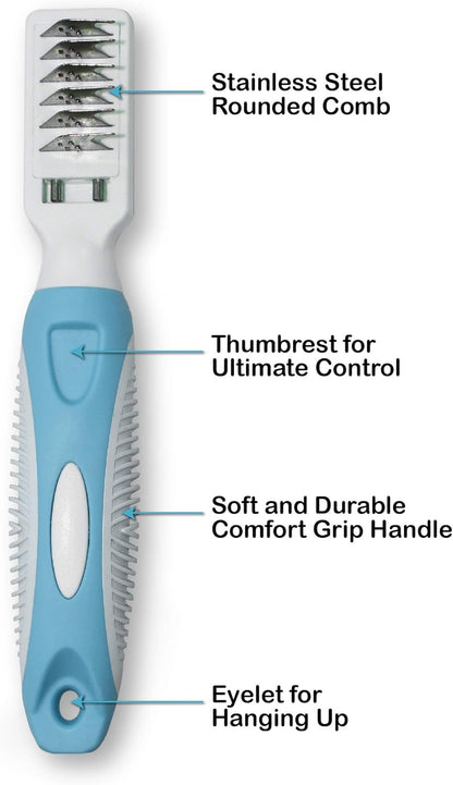 Close up view of the rounded stainless steel blades on the Pets First cat and dog grooming comb